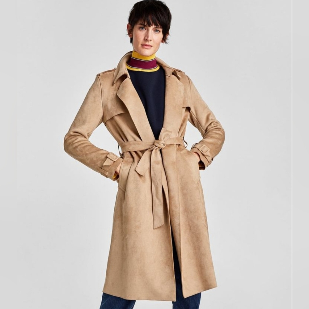 Zara Faux Suede Camel Trench Like Style Long Coat Slightly Oversized  Sz XS NWOT